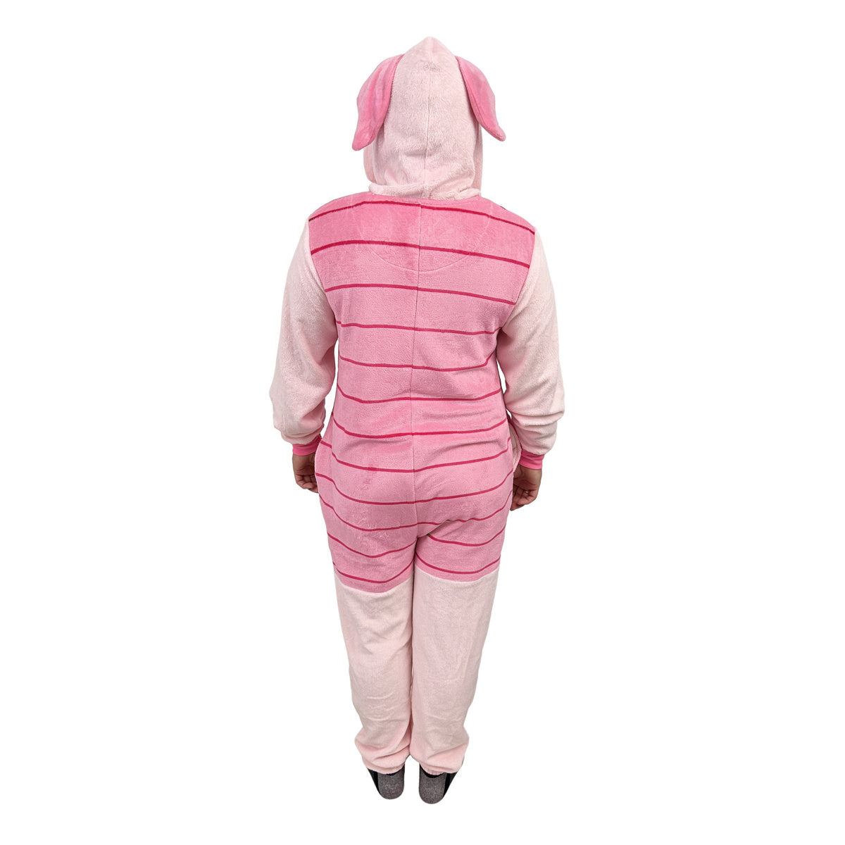 Back view of the pink striped Piglet costume pajama unionsuit