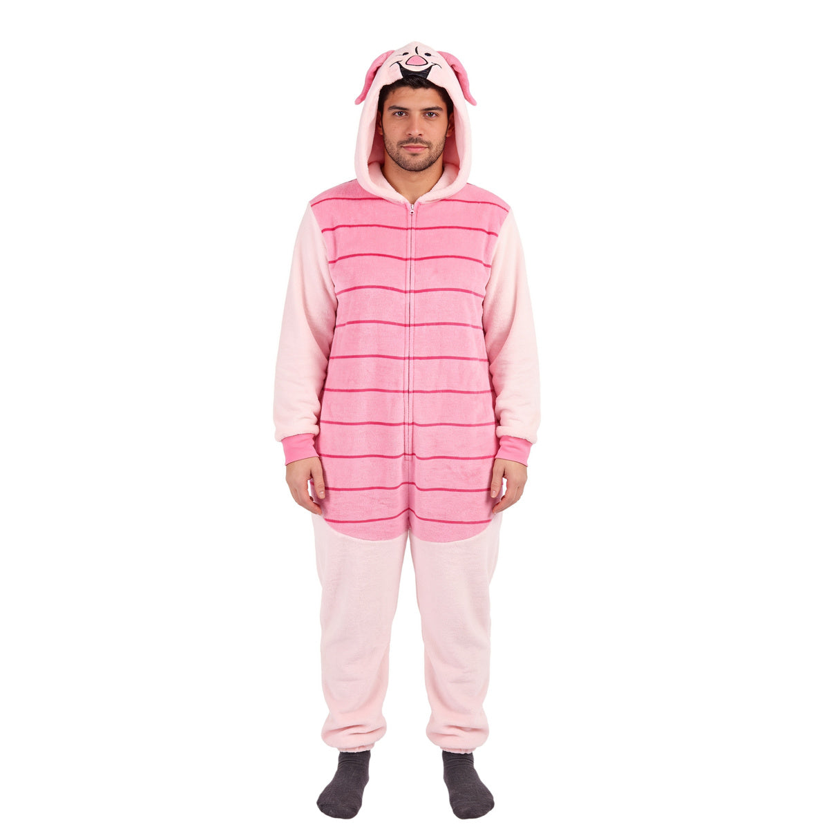 Man wearing the Piglet adult unionsuit with hood up, full front view on white