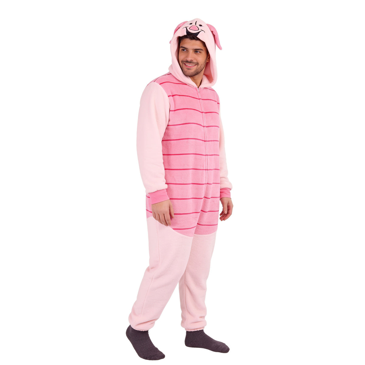 Man in the pink striped Piglet cosplay unionsuit, three-quarter view on white