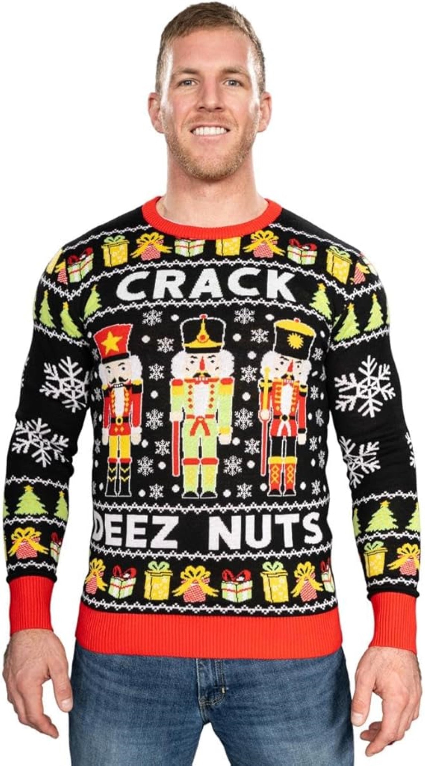 Funny Crack Deez Nuts Nutcracker Santa Knitted Ugly Christmas Sweater