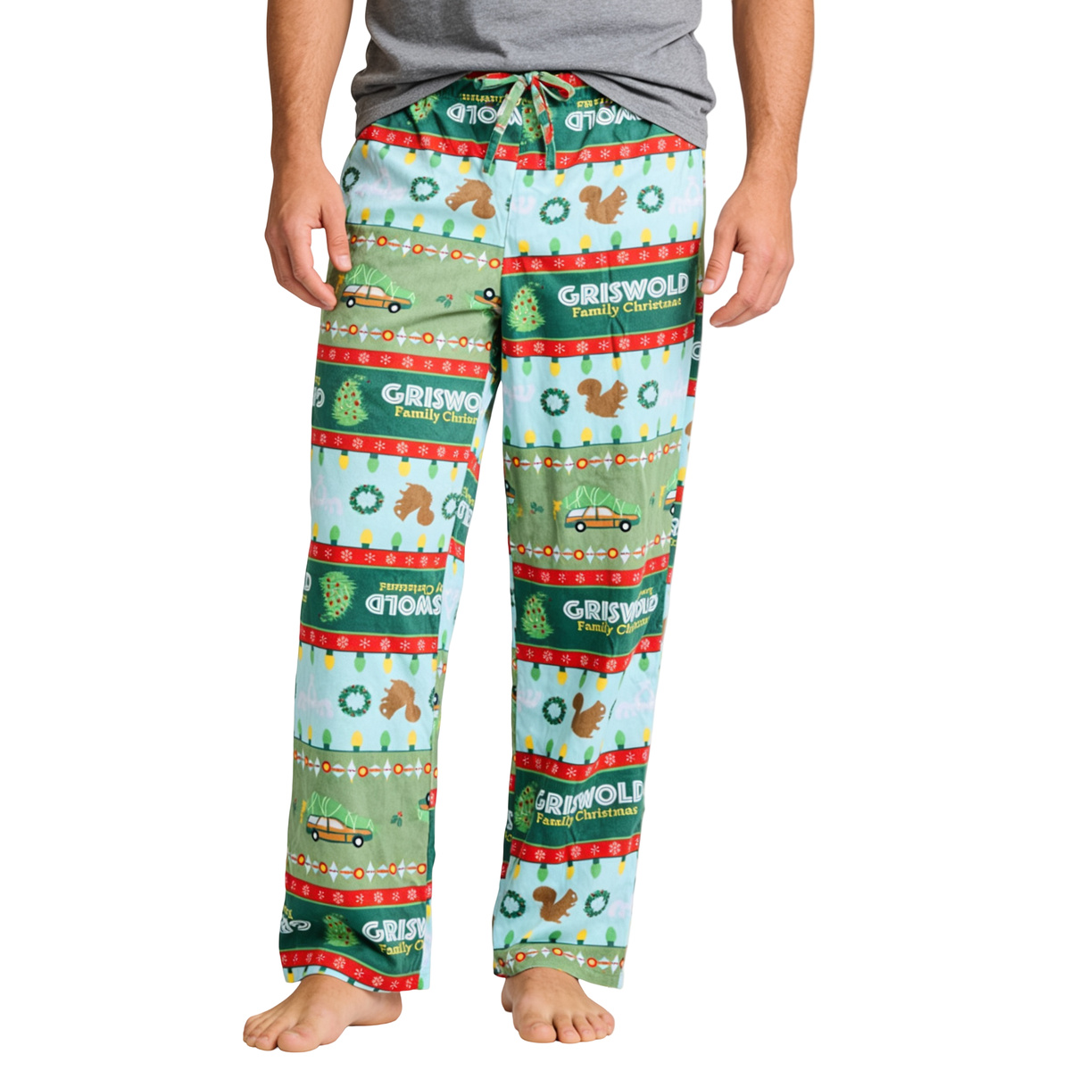 Green Christmas Vacation Griswold Fair Isle plush sleep pants, front view worn barefoot