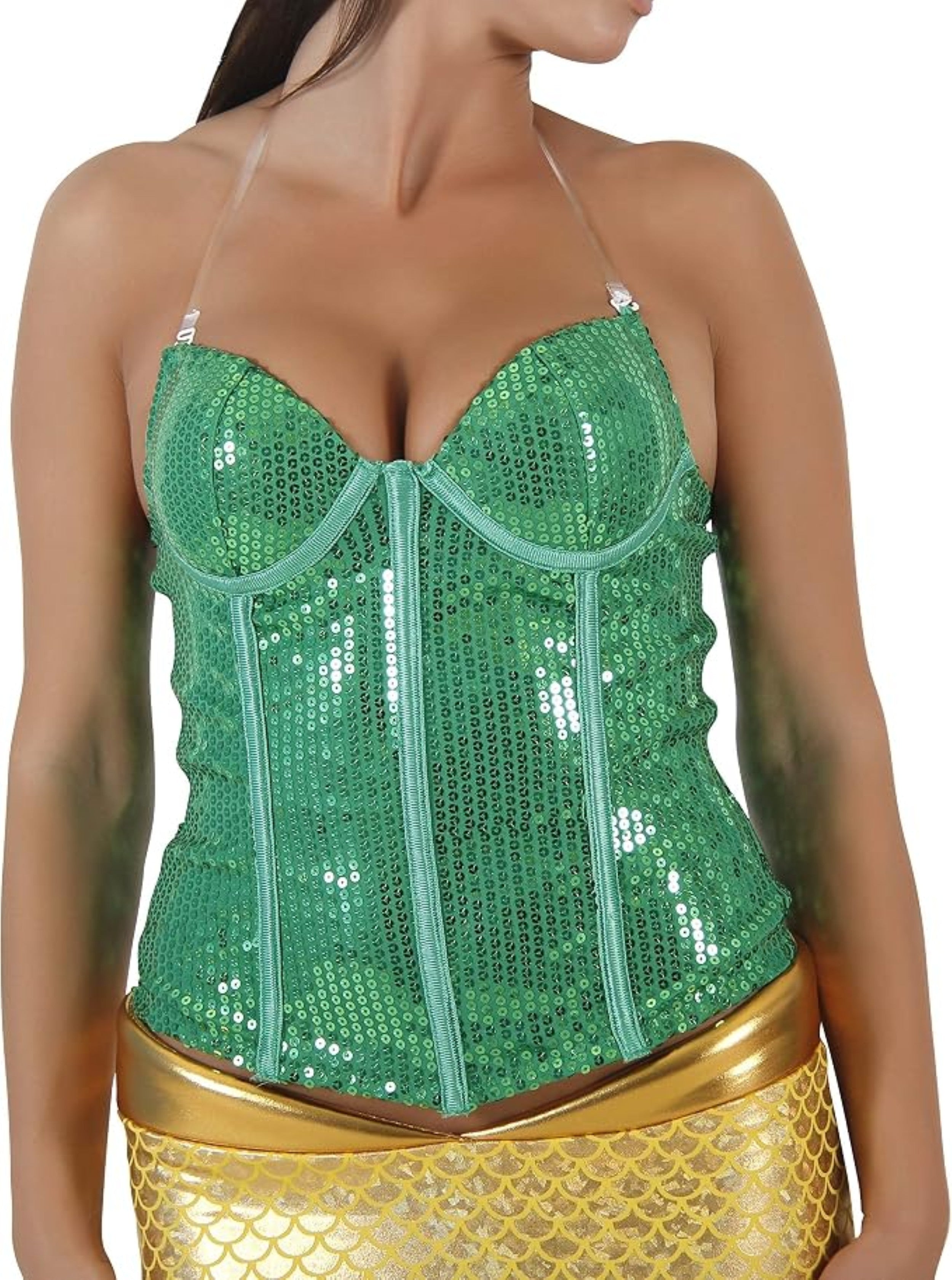 A woman wearing a green sequined halter-style corset top with a mermaid-inspired gold scale skirt against a plain white background.