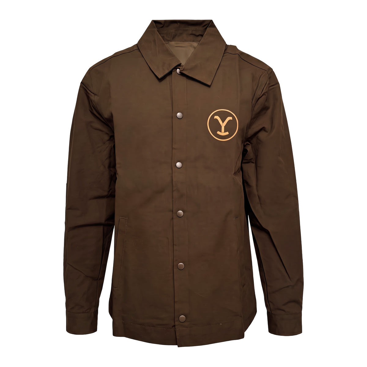 Brown Yellowstone Dutton Ranch men's button up work jacket, front view on white