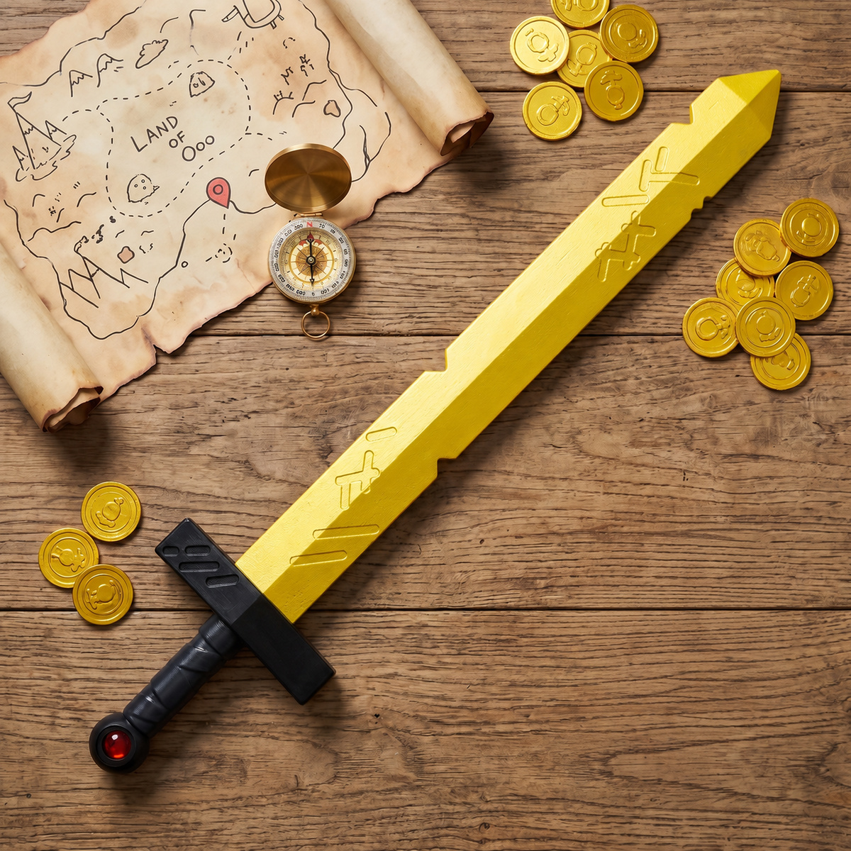 Finn prop sword flat lay on wood with a treasure map, compass and gold coins