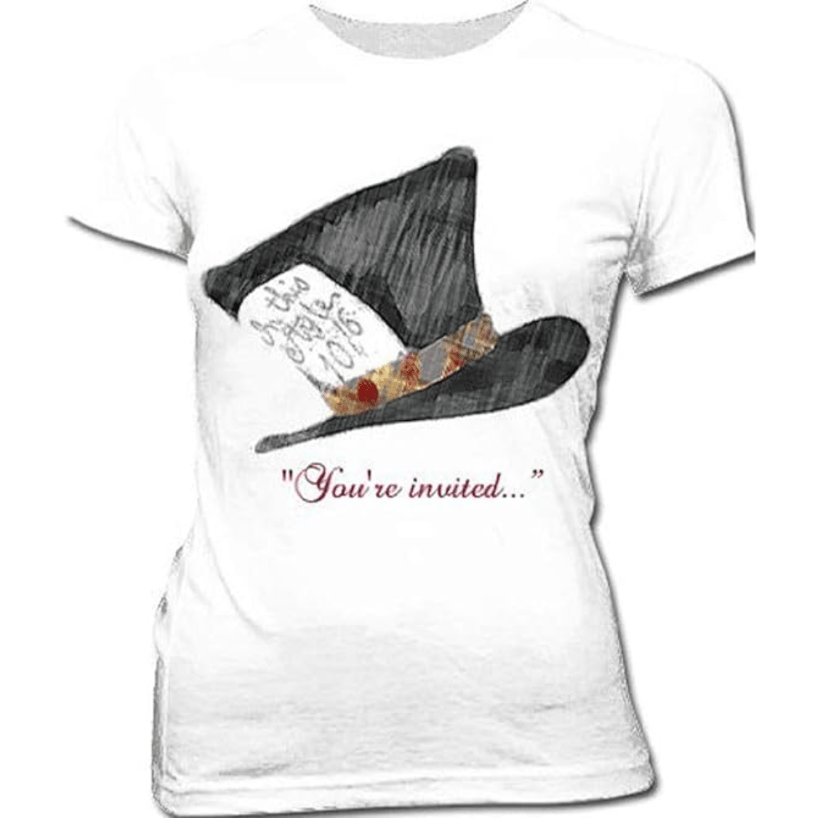 Alice in Wonderland Mad Hatter Hat You're Invited Juniors White T-Shirt Tee - TVStoreOnline