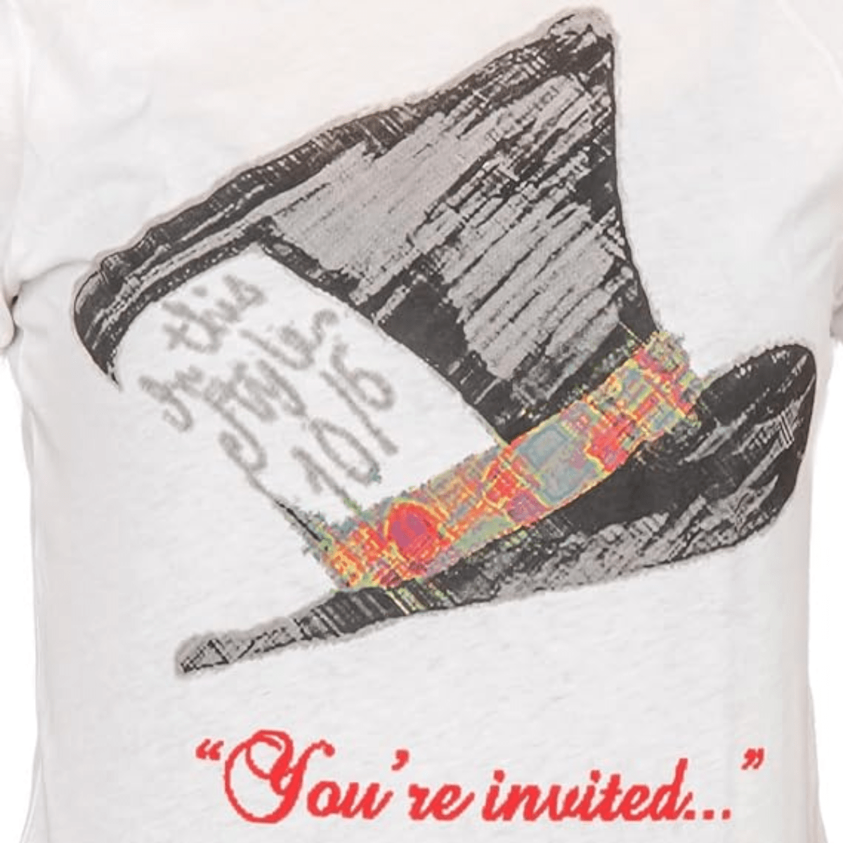 Alice in Wonderland Mad Hatter Hat You're Invited Juniors White T-Shirt Tee - TVStoreOnline