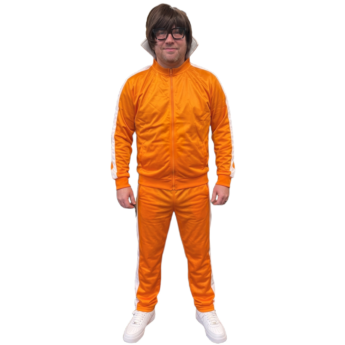 Front view of orange zip-up track jacket and pants costume set worn with wig, glasses and white sneakers