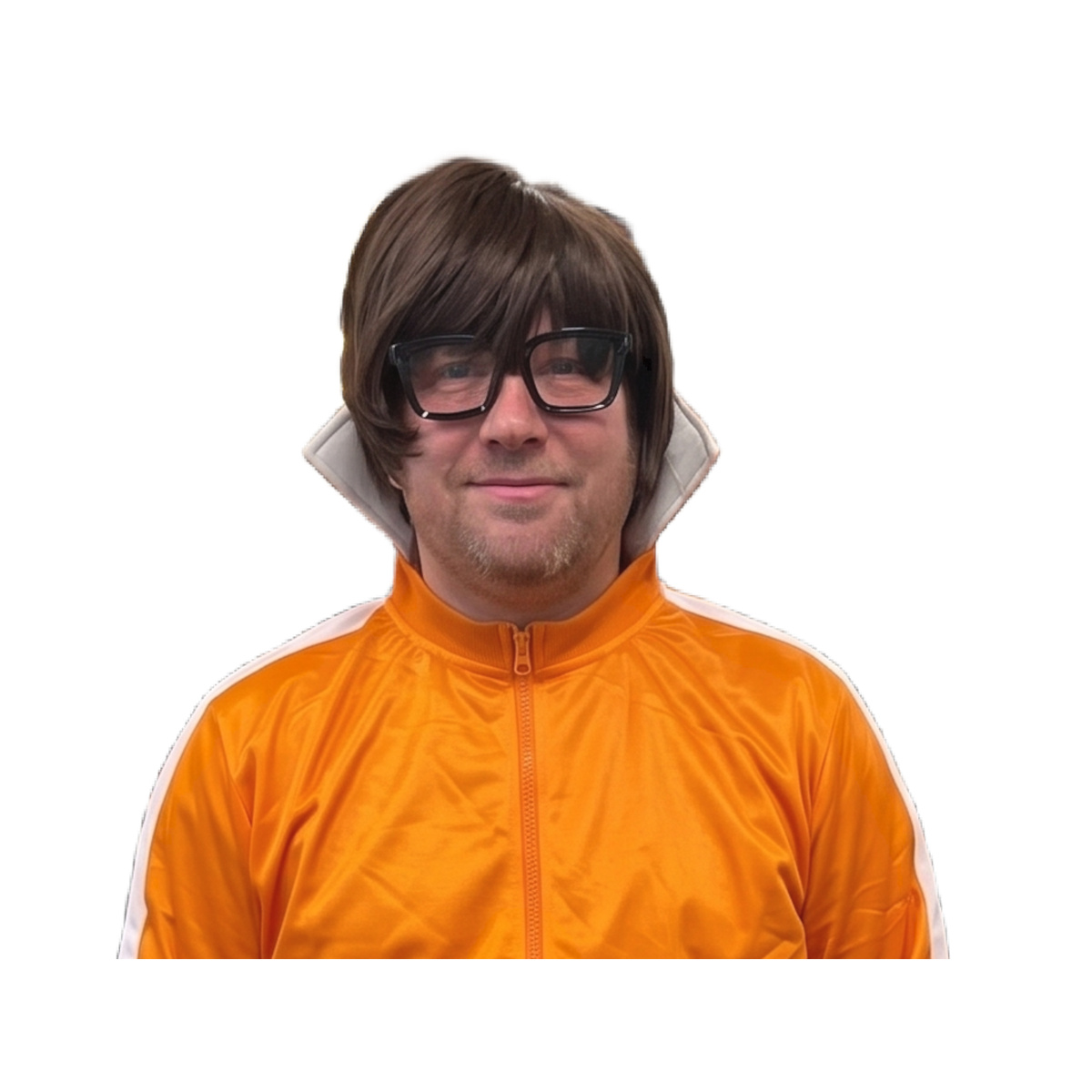 Close-up of costume brown wig, black glasses and white popped collar on orange track jacket