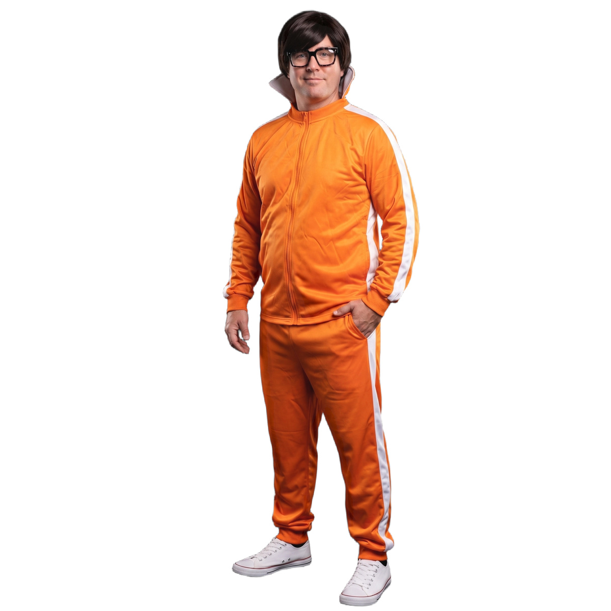 Front view of Vector Man orange track suit costume with white stripes, brown wig and black glasses on white background