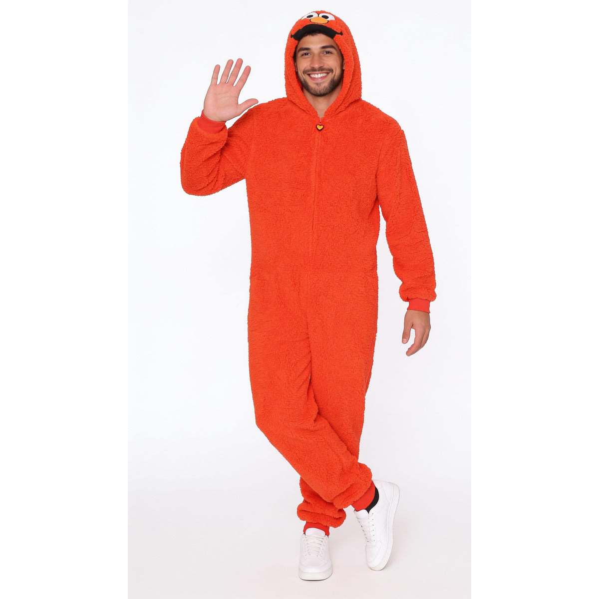 Man waving in the red Elmo costume pajamas jumpsuit with the Elmo face hood