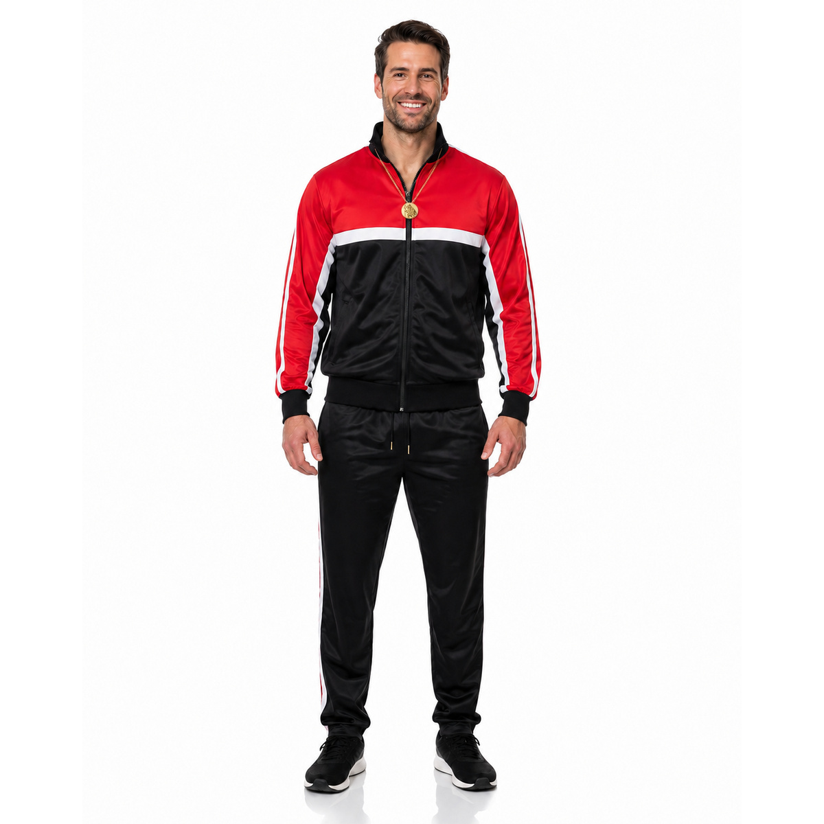 Front view of man wearing red, black and white Moly tracksuit costume with gold pendant on white background