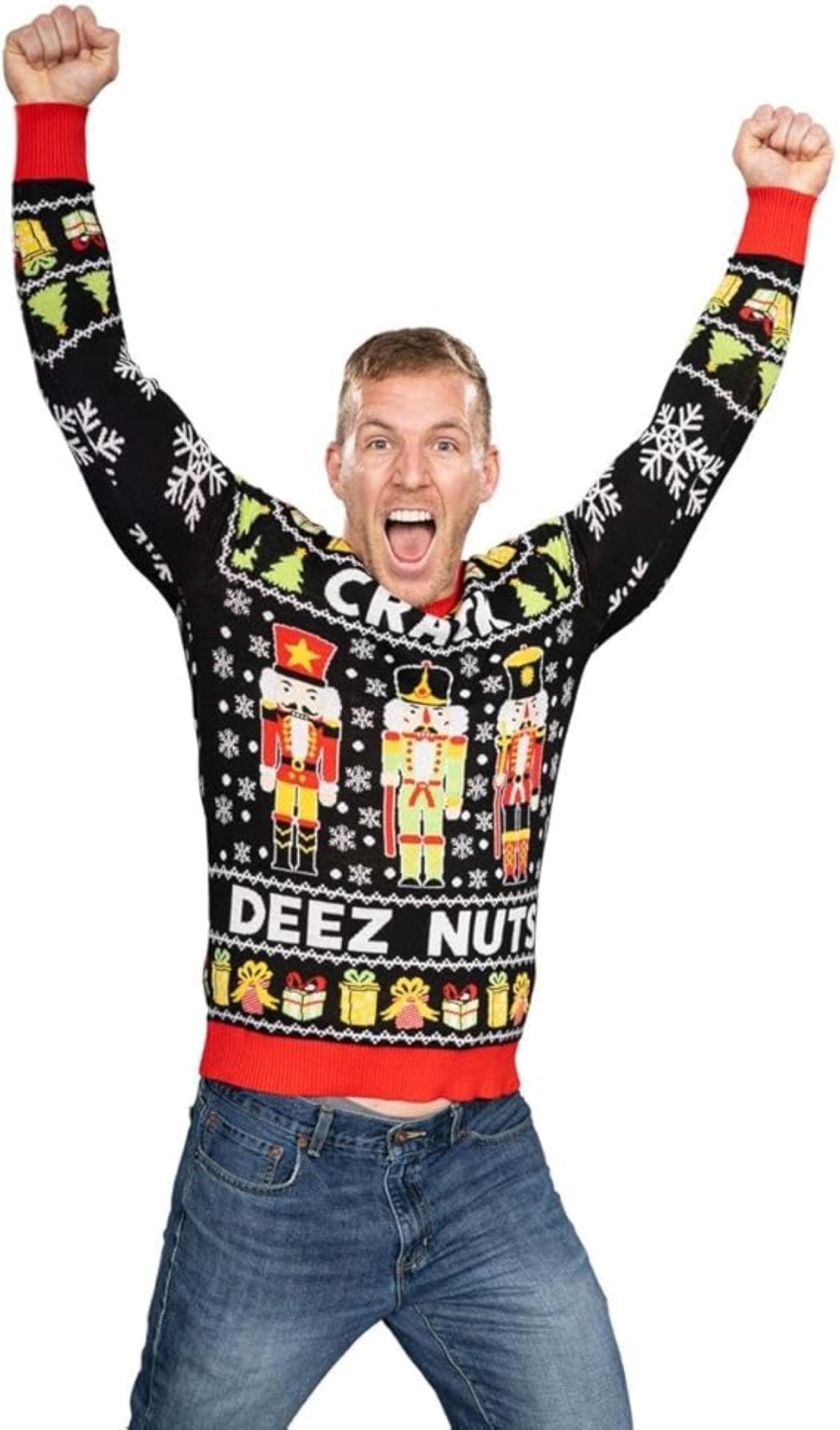 Funny Crack Deez Nuts Nutcracker Santa Knitted Ugly Christmas Sweater - TVStoreOnline