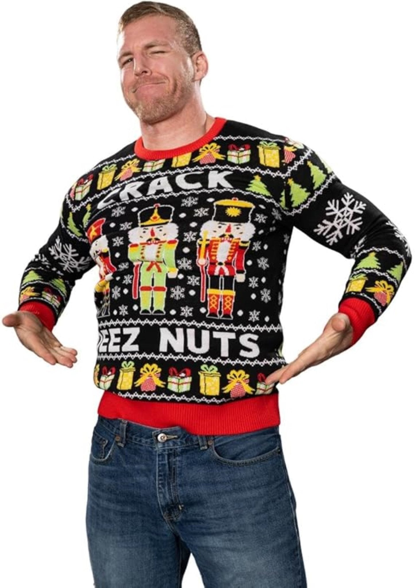 Funny Crack Deez Nuts Nutcracker Santa Knitted Ugly Christmas Sweater - TVStoreOnline