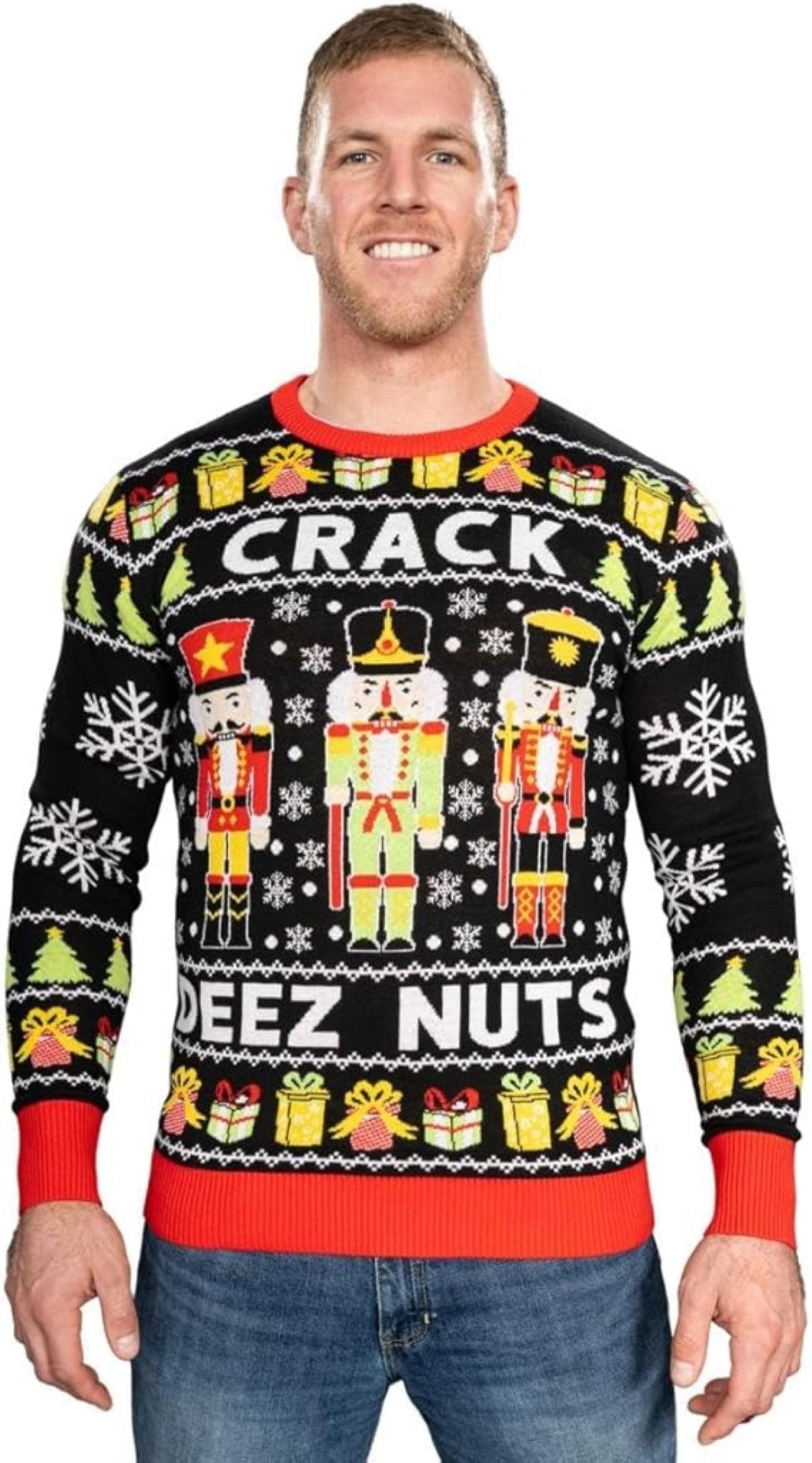 Funny Crack Deez Nuts Nutcracker Santa Knitted Ugly Christmas Sweater - TVStoreOnline