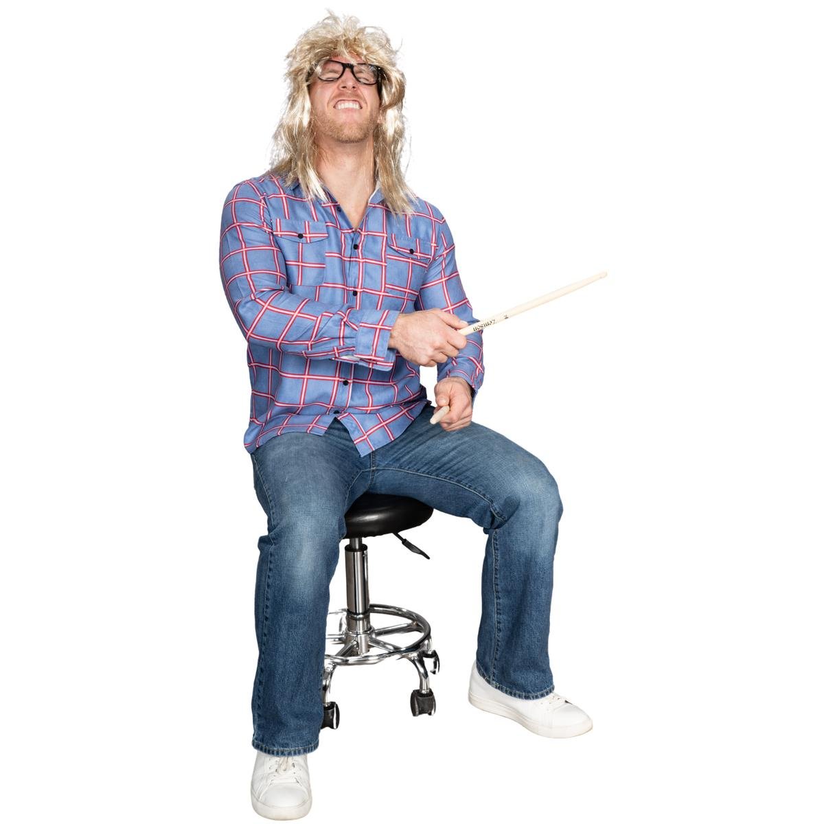 Garth Funny Tv Show Character Cosplay Button Down Flannel Shirt Wig and Drumstick Halloween Costume Set - TVStoreOnline
