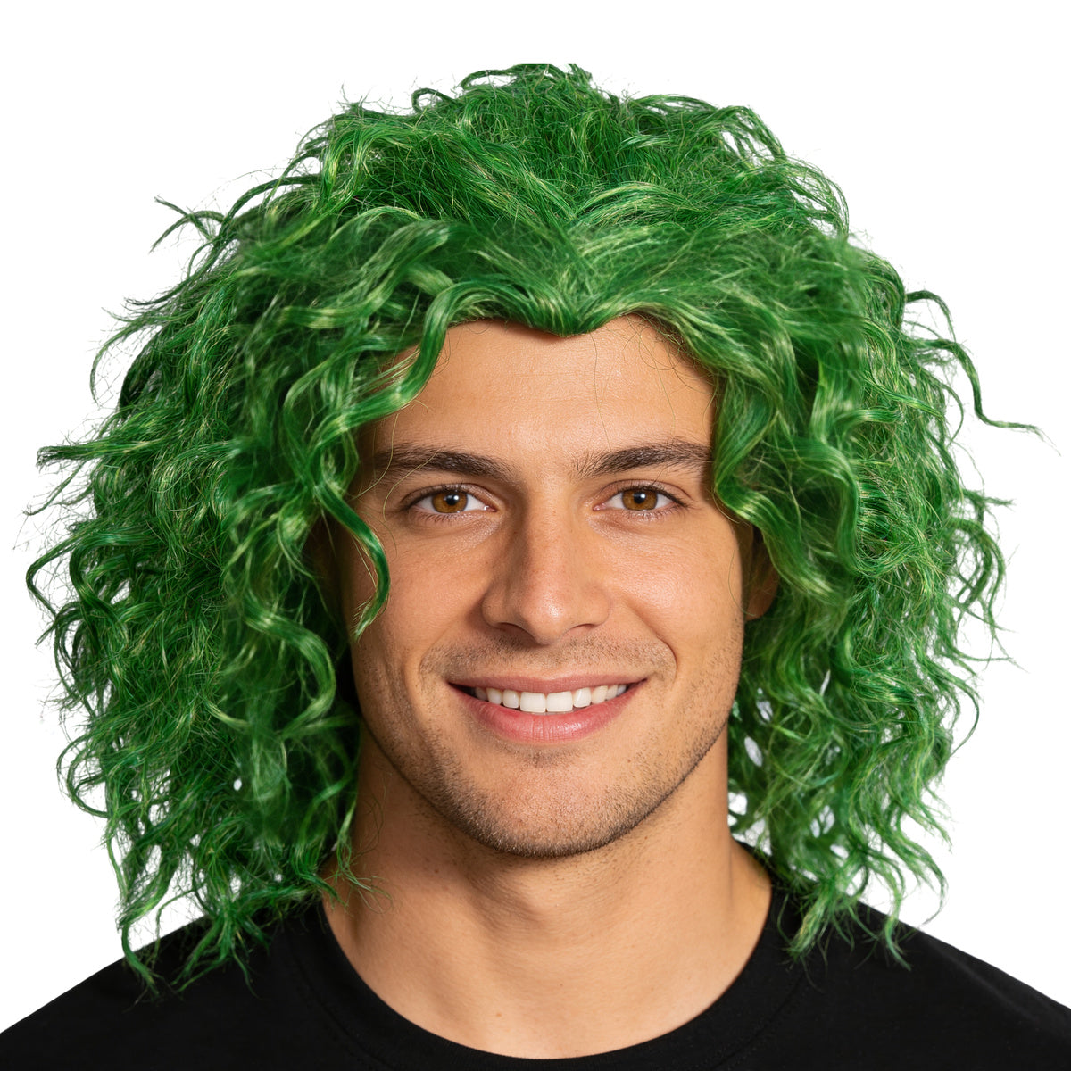 Man wearing a curly green clown wig, front view on a white background
