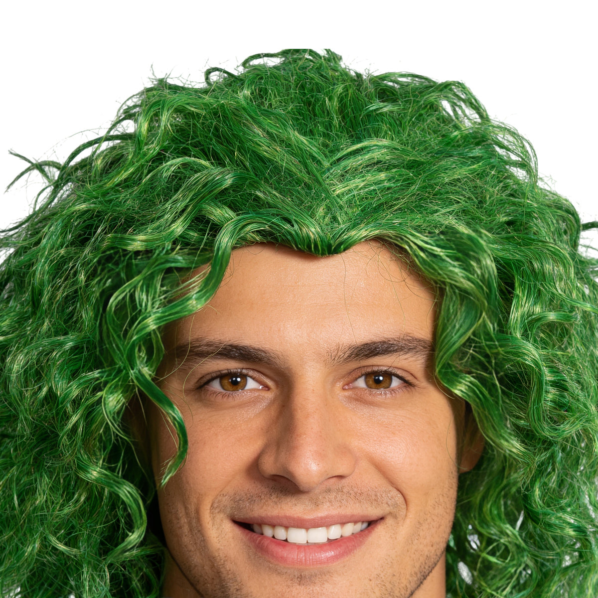 Close-up of a smiling man in a curly green clown wig showing the hairline and curl texture