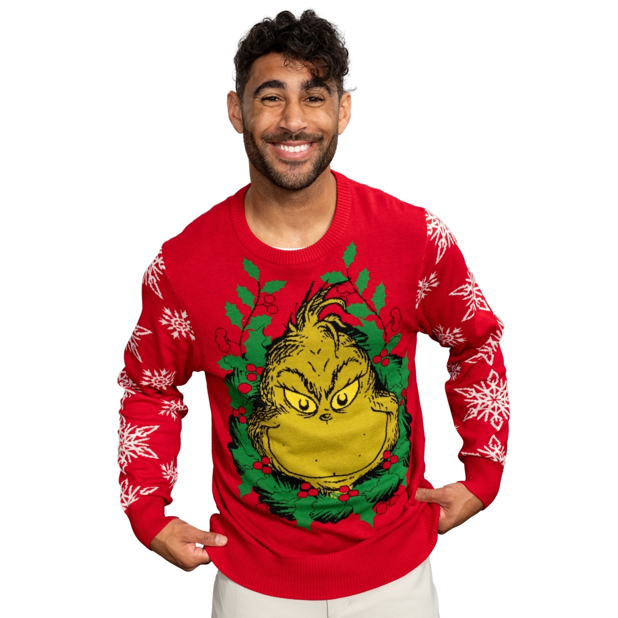 Grinch Head Santa Hat Wreath Sweater - TVStoreOnline