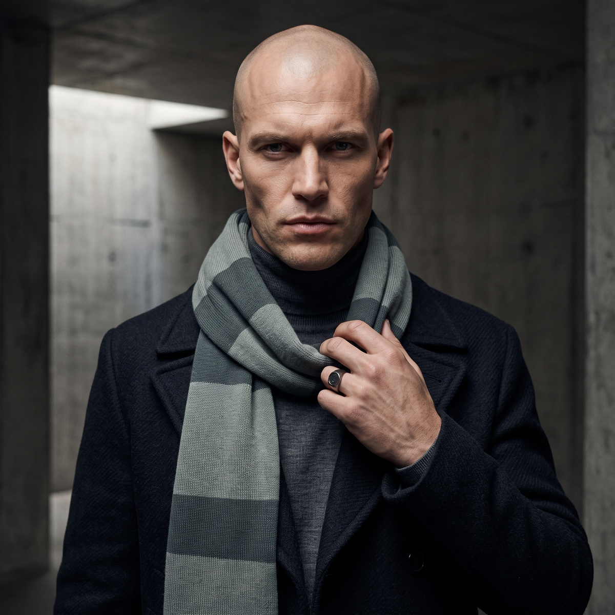 Bald man in a black coat wearing the grey striped Gru scarf against concrete walls