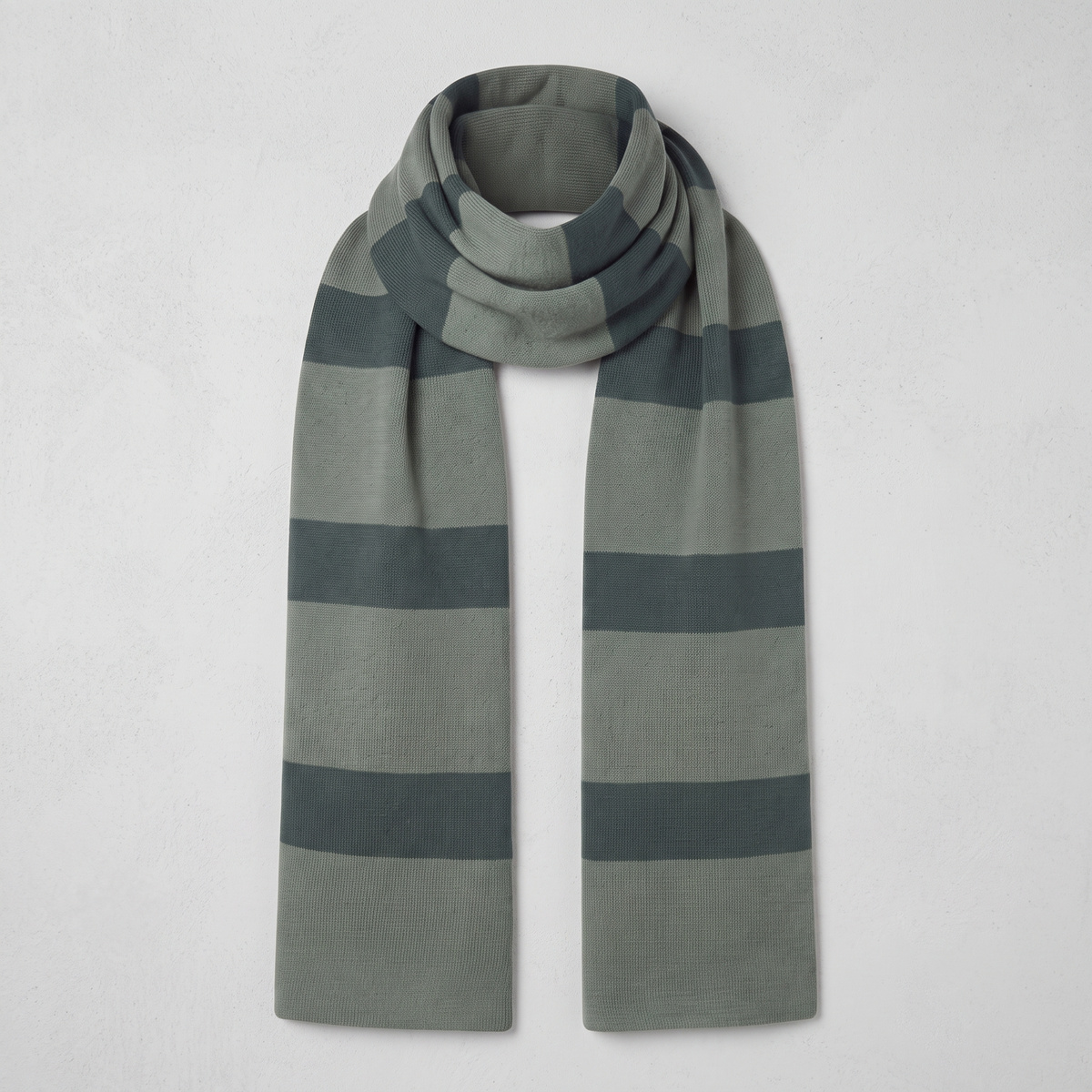 Grey striped Gru cosplay scarf on a light textured background