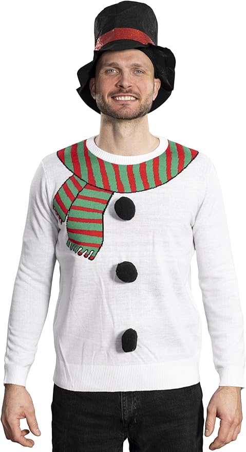 I Am the Snowman Knitted Unisex Ugly Christmas Sweater Top Hat Costume Set - TVStoreOnline