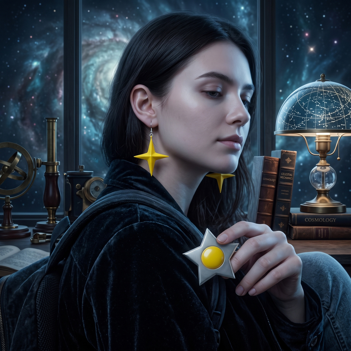 Woman in a dark velvet jacket wearing a yellow star earring and silver star pin by a starry window