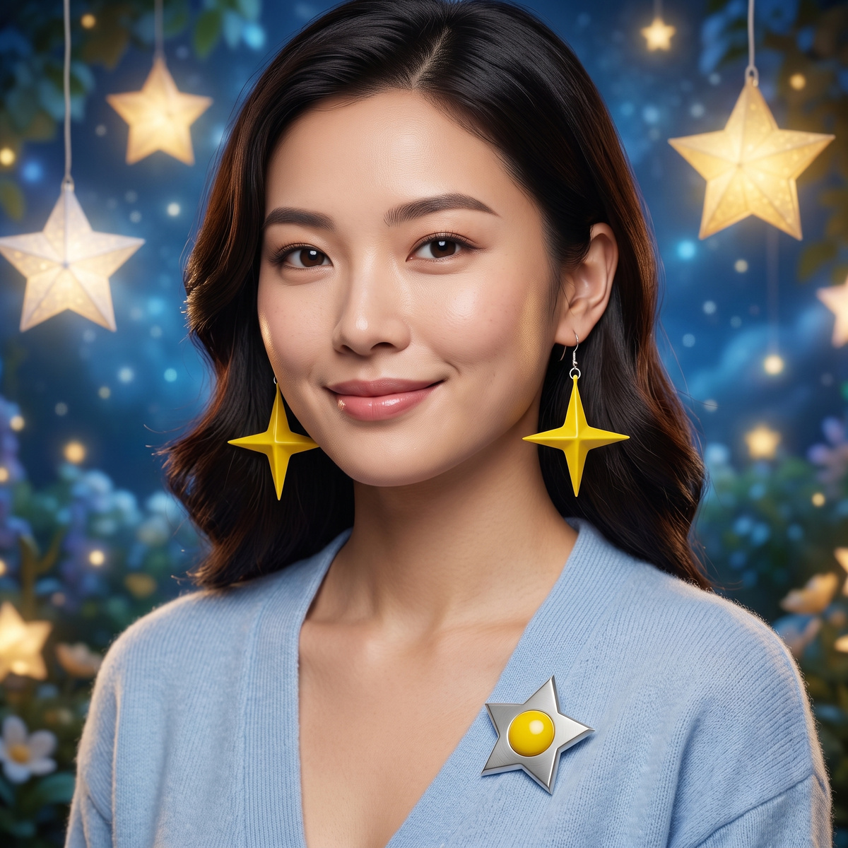 Woman in a light blue cardigan wearing yellow star earrings and star pin with glowing stars behind her