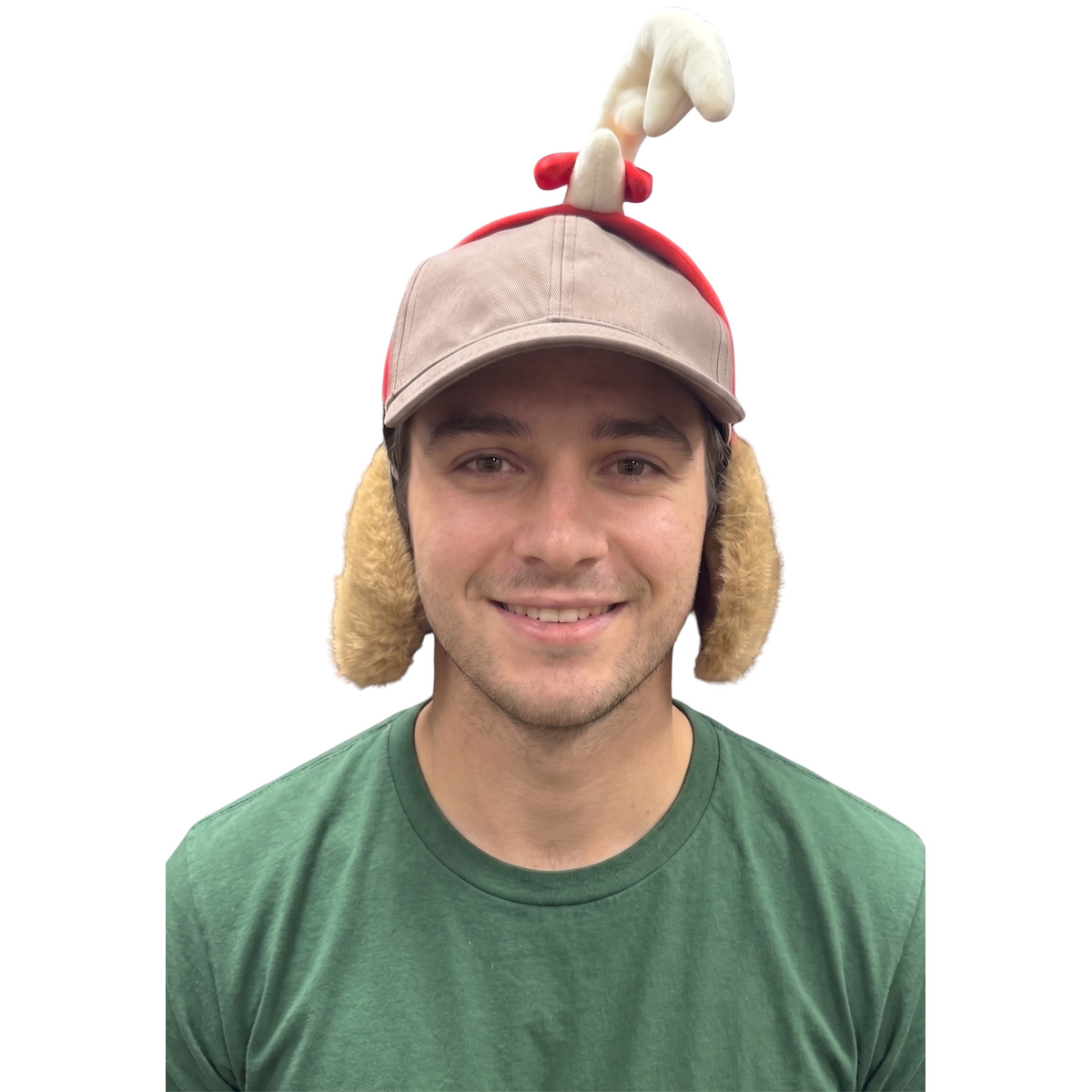 Man wearing Max the Dog hat with antler headband and floppy brown ears, front view on white