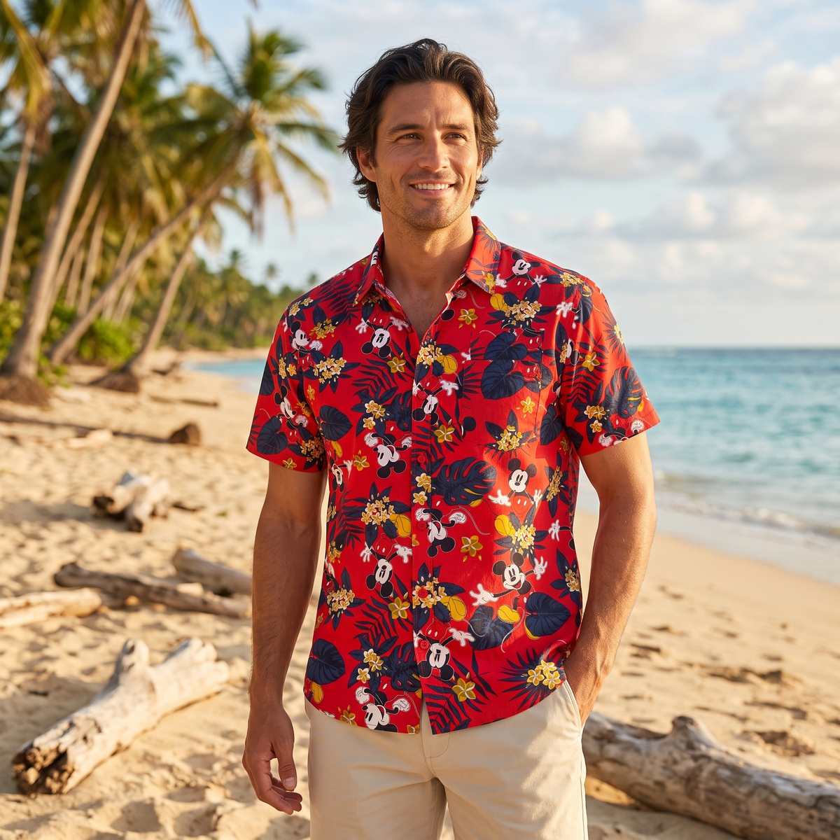 Man wearing the Mickey Mouse floral button up shirt on a sunny tropical beach