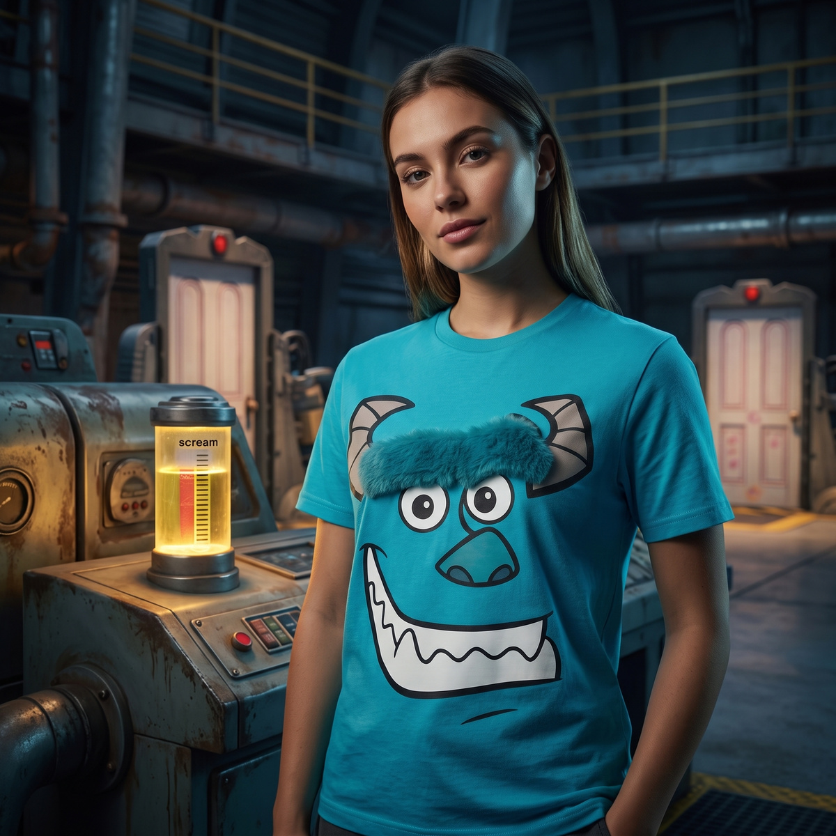 Woman wearing the blue Sully's Face T-shirt in a retro factory with glowing machines