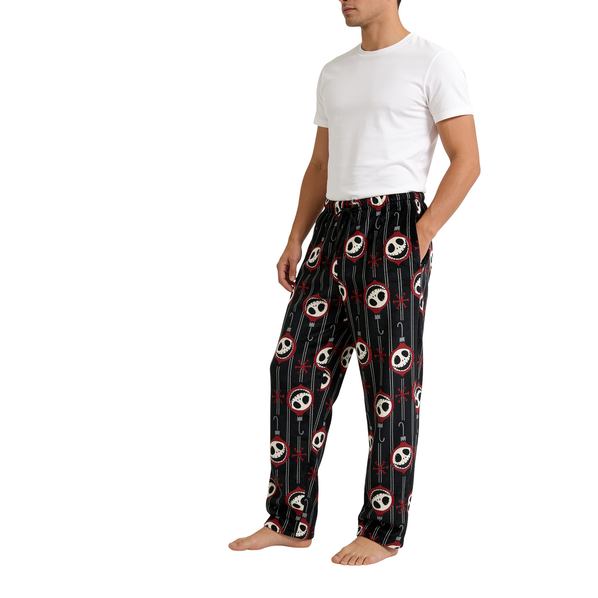 Man in a white tee wearing the Jack pajama lounge pants, three-quarter view