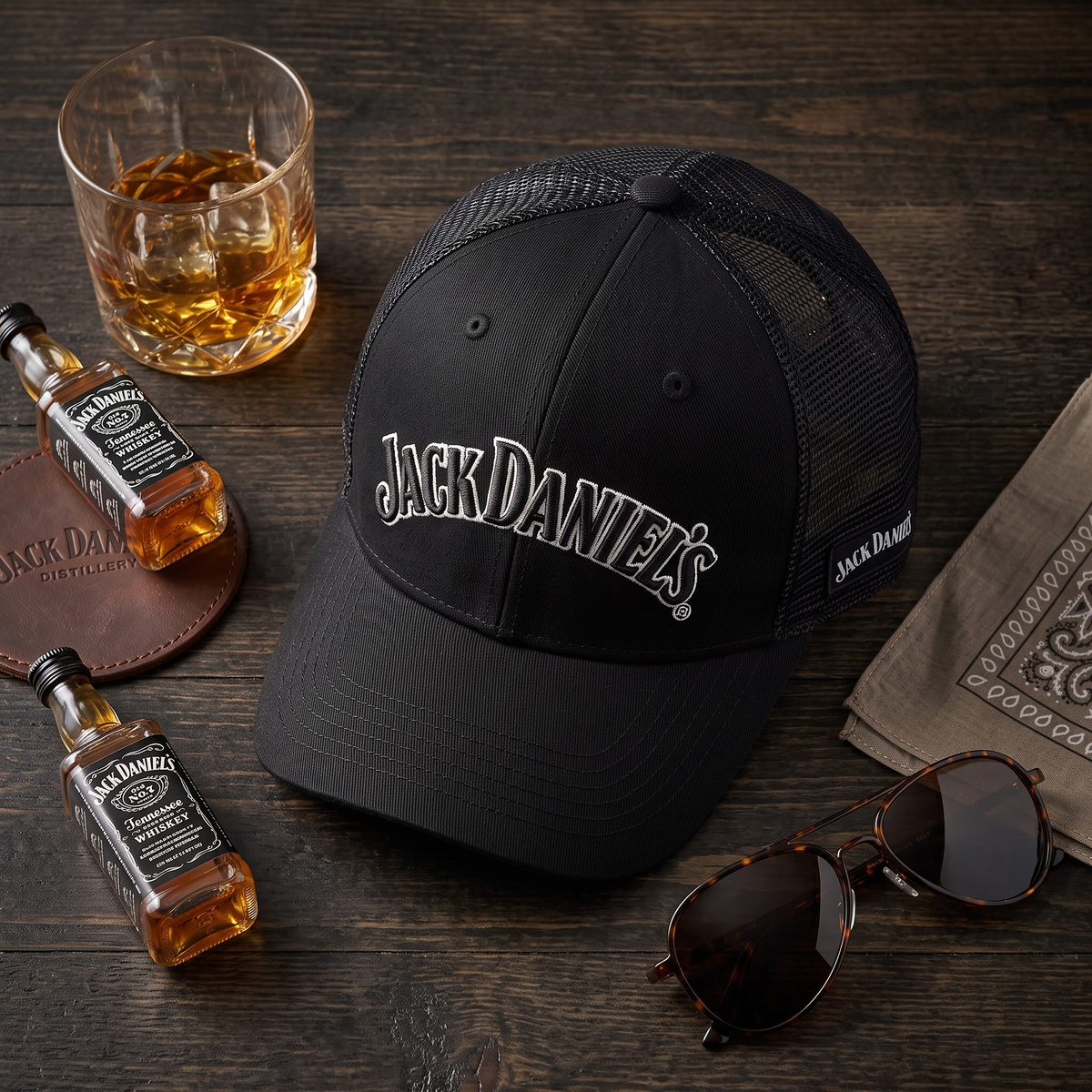 Black Jack Daniel's trucker hat flat lay with a whiskey glass, mini bottles and sunglasses