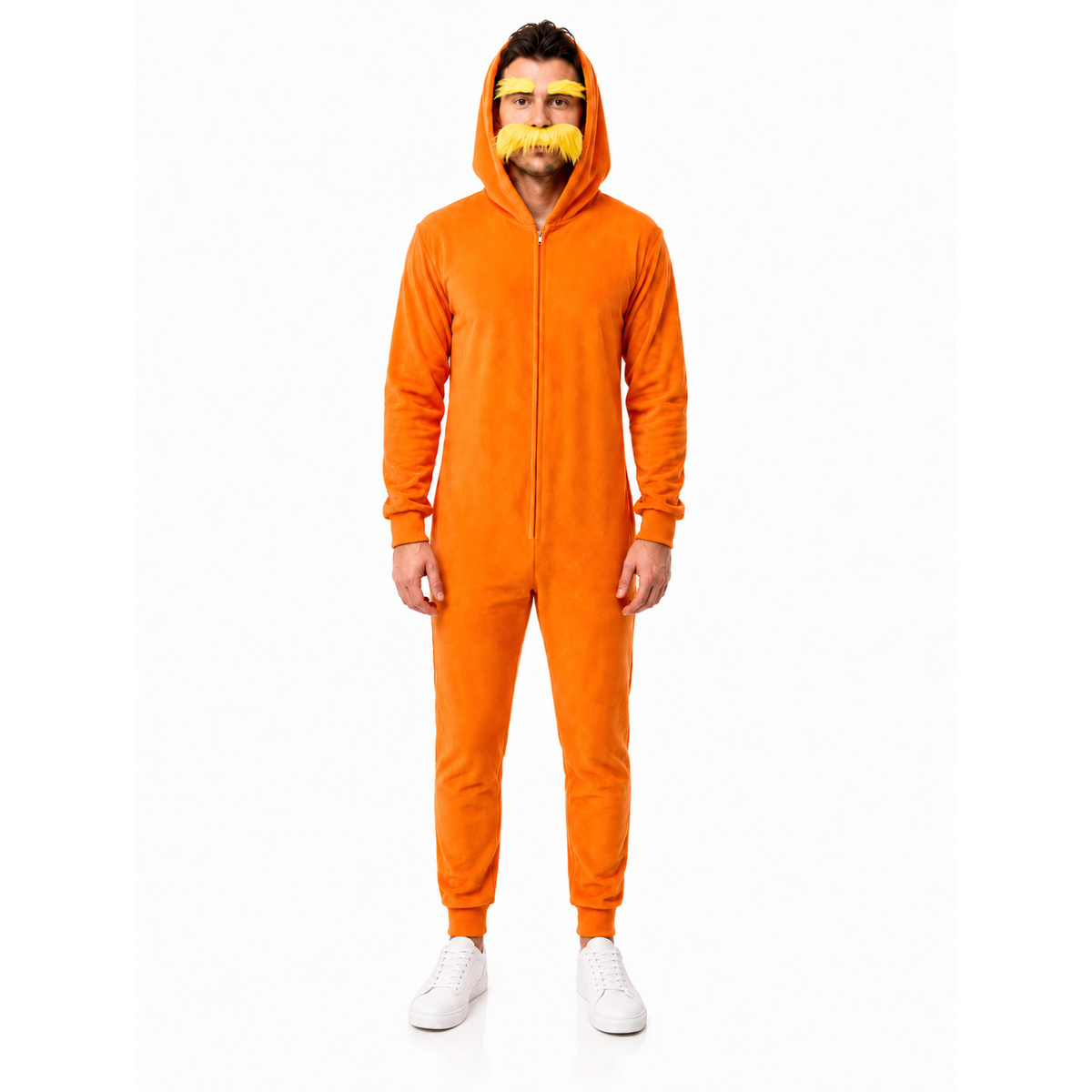 Man in Orange Man costume pajama suit with yellow mustache and eyebrows, front view on white