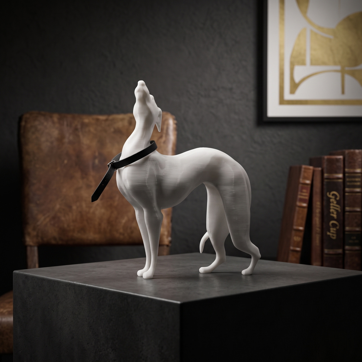 Pat the Dog figurine with a black ribbon on a dark pedestal in a moody study