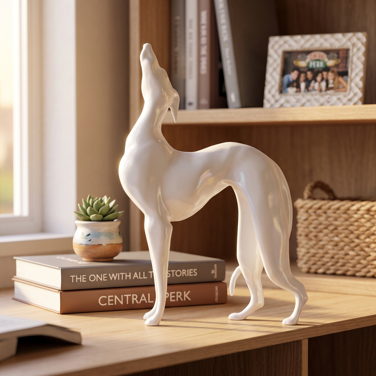 White greyhound dog figurine on a sunny bookshelf beside books and a framed photo