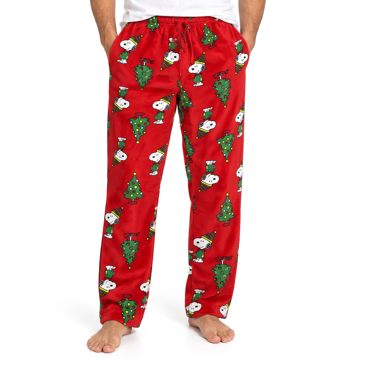 Red Peanuts The Perfect Tree lounge pants with Christmas tree print, front view on white