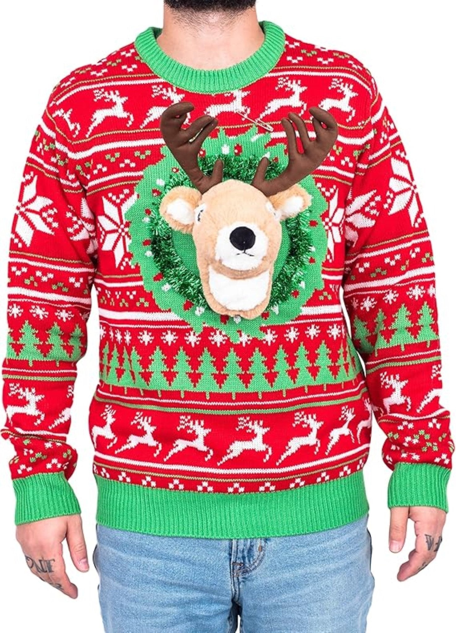 Reindeer Trophy Head 3D LED Lights Adult Unisex Ugly Christmas Sweater - TVStoreOnline