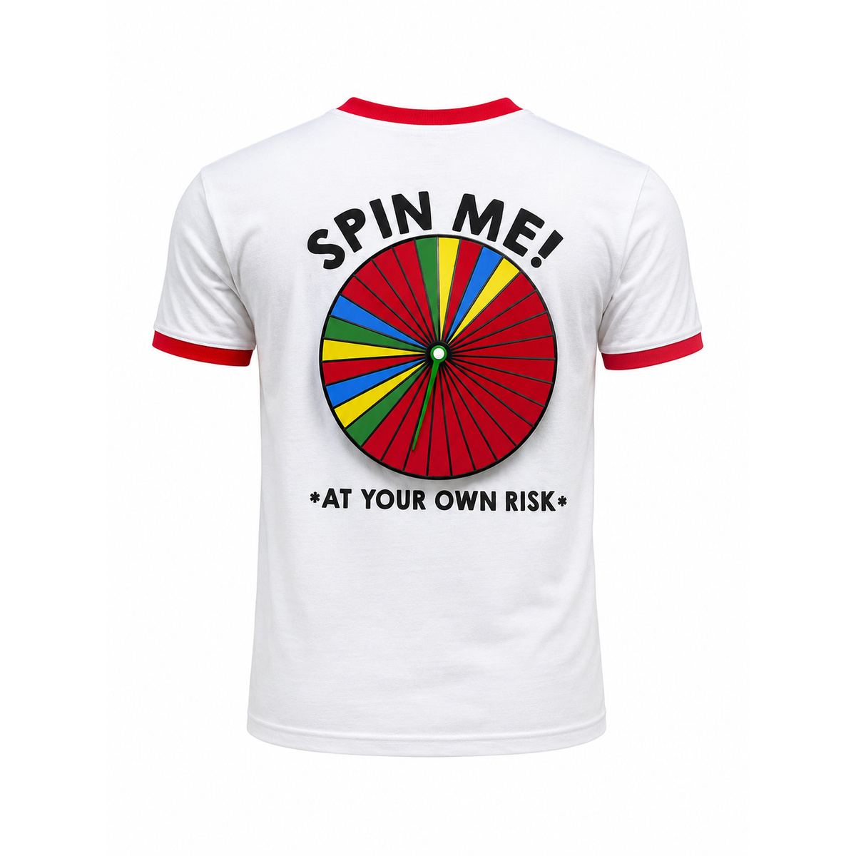 Back of Spin Me Game T-shirt with Spin Me! At Your Own Risk spinner graphic on white