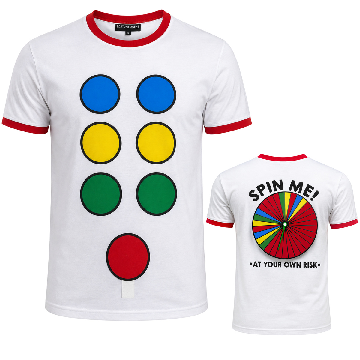 Spin Me Game costume T-shirt with colored dots on front and spinner on back, on white background