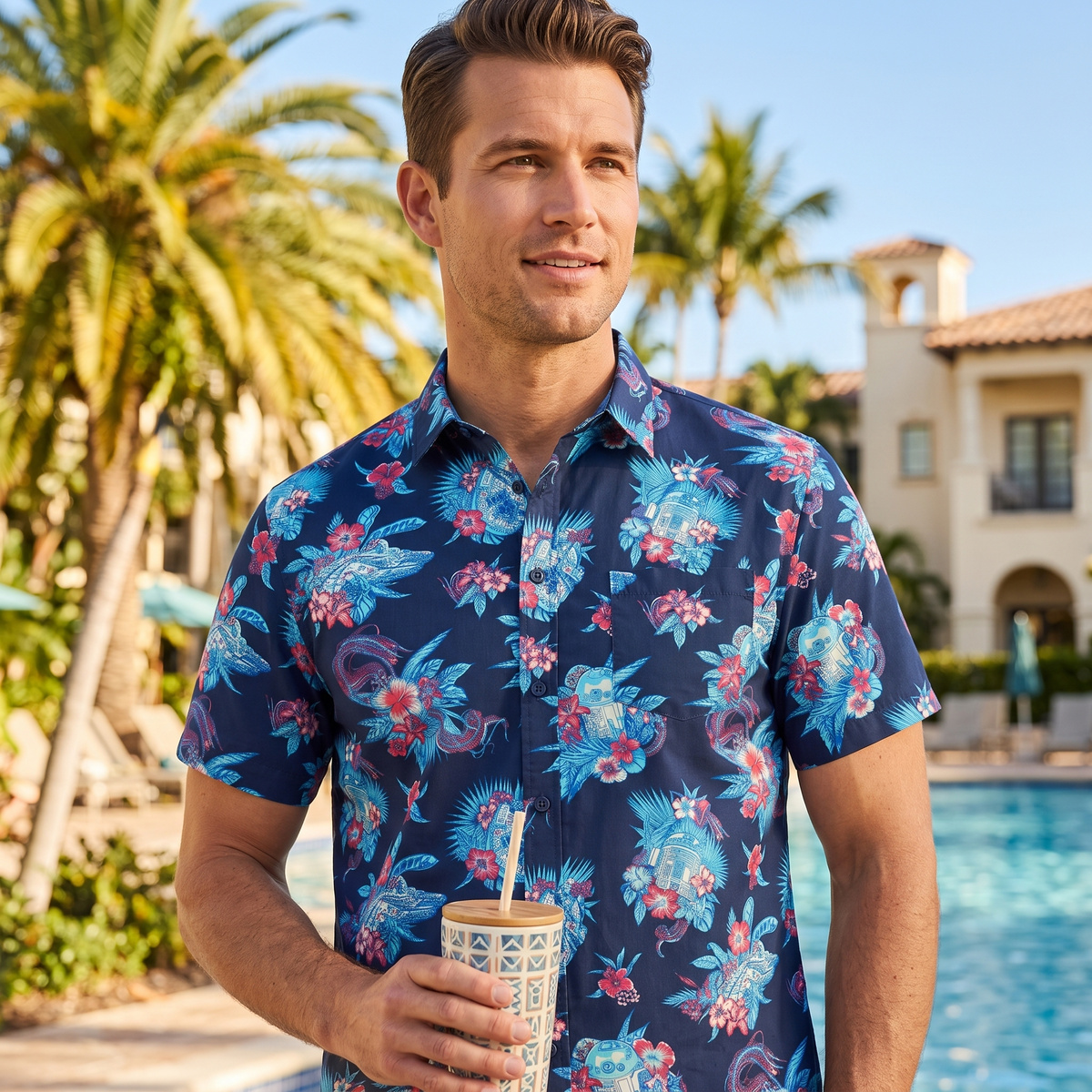 Man holding an iced drink by a pool with palm trees, wearing the Star Wars floral shirt