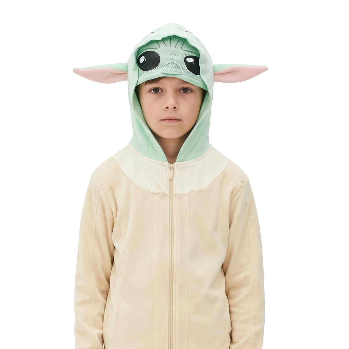Close-up of the Yoda hoodie's mask hood with big eyes and pink-lined ears, worn by a child
