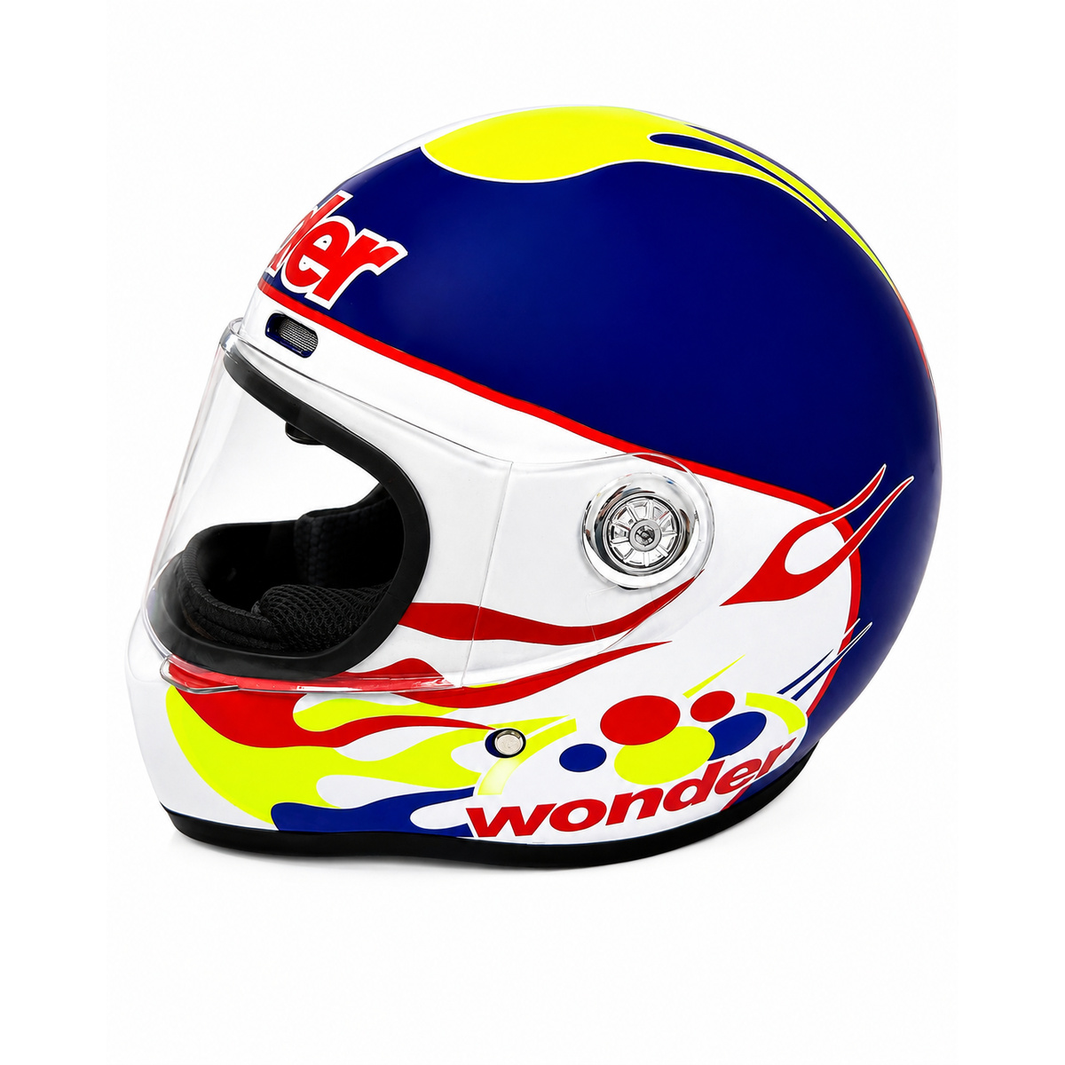 Replica racing helmet with clear visor, side view on white background