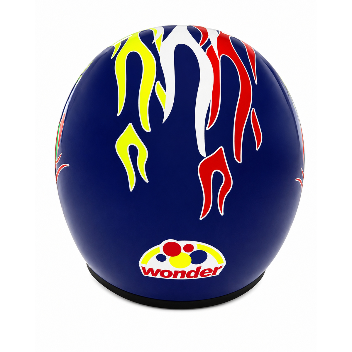 Back of the blue replica racing helmet with yellow and red flame design on white