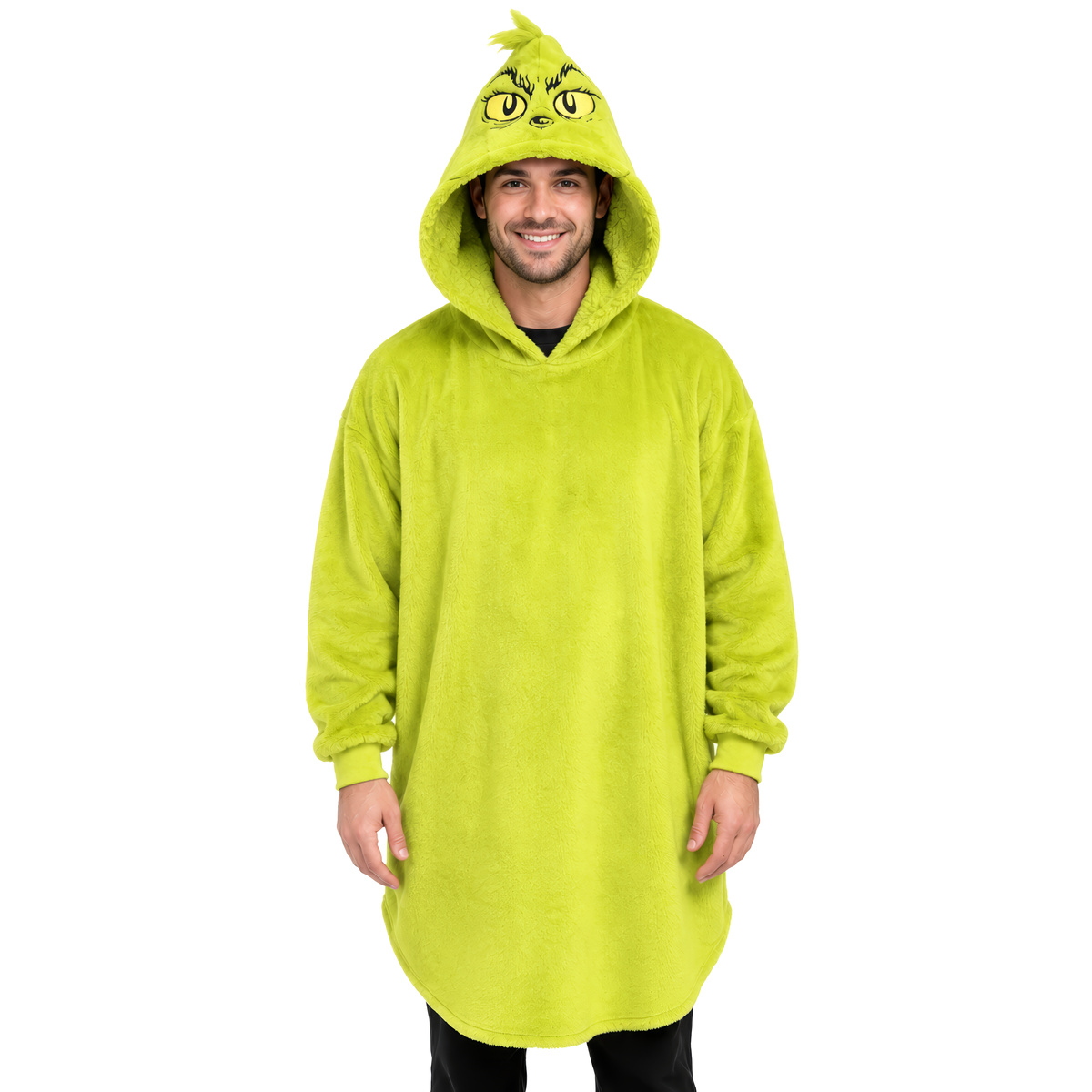Man wearing the lime green Grinch plush fleece hoodie poncho with hood up, front view on white