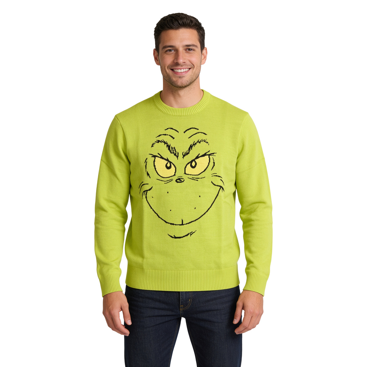 Smiling man in the lime green Grinch Big Face ugly Christmas sweater, front view on white