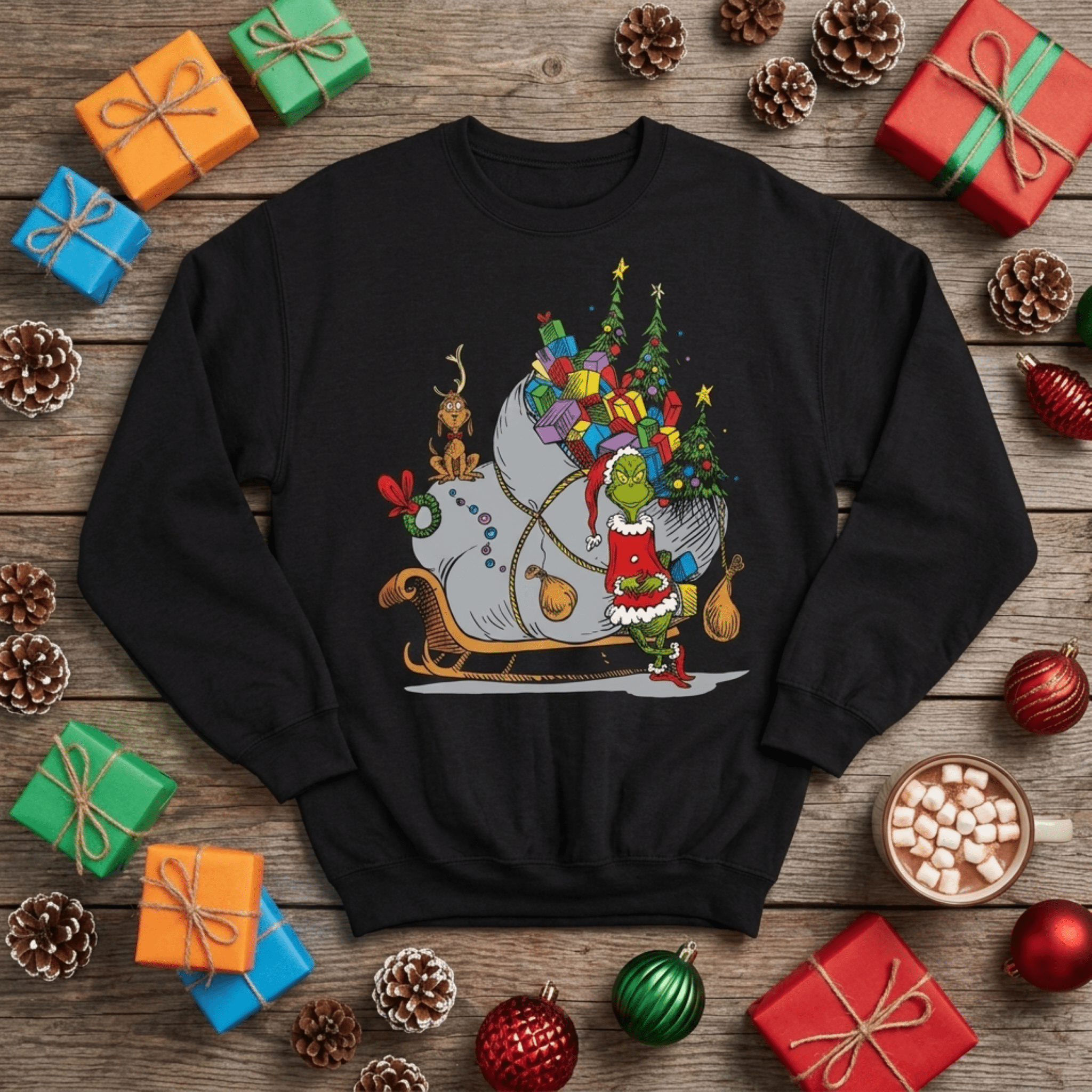The Grinch on Sleigh with Max Christmas Officially Licensed Adult Sweater - TVStoreOnline