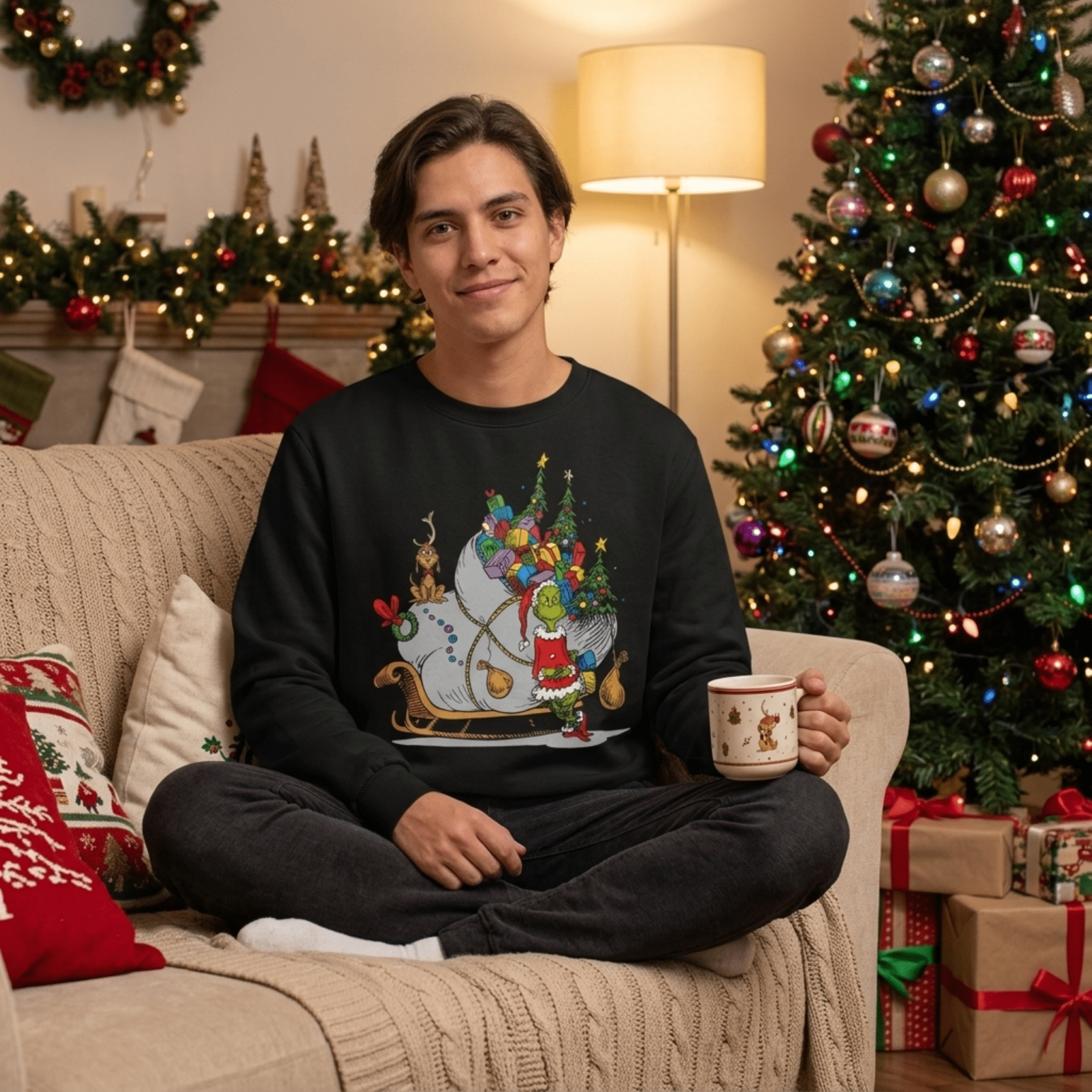 The Grinch on Sleigh with Max Christmas Officially Licensed Adult Sweater - TVStoreOnline