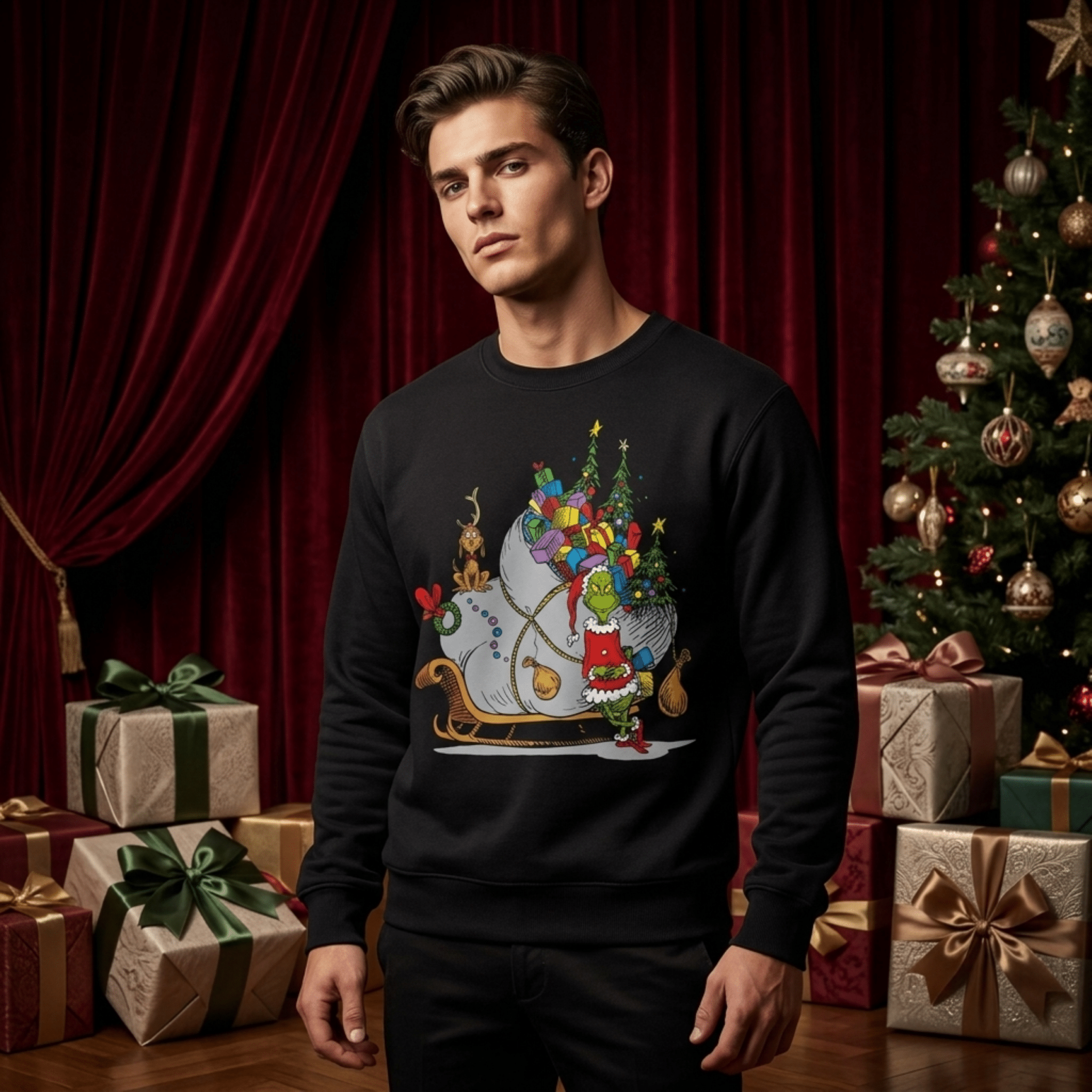 The Grinch on Sleigh with Max Christmas Officially Licensed Adult Sweater - TVStoreOnline