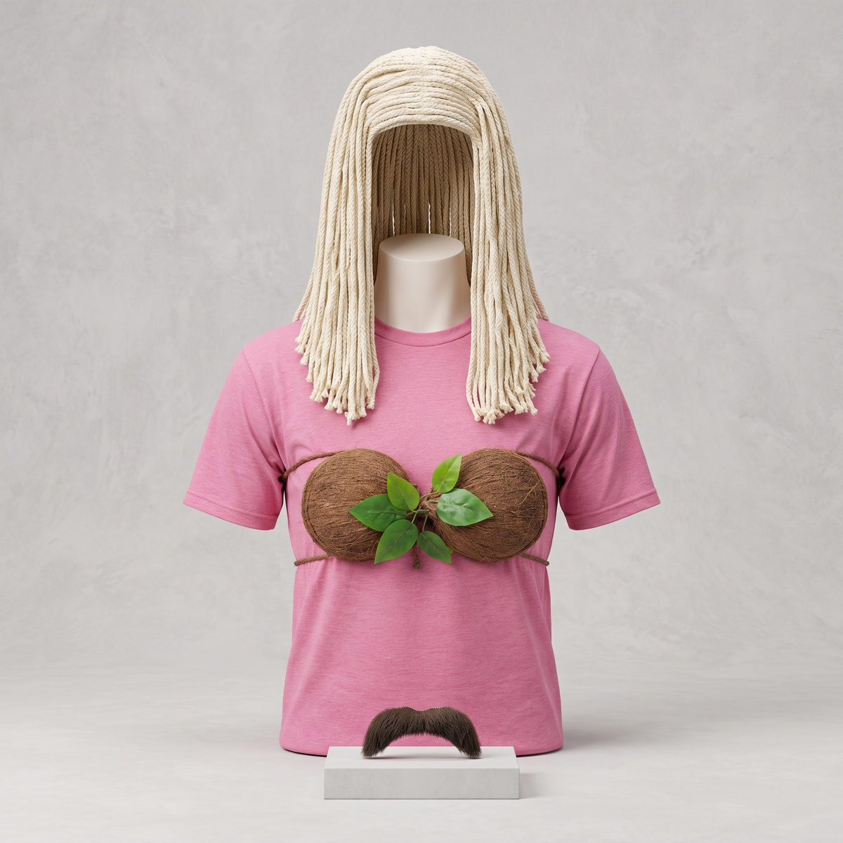 Ula costume accessory set on a mannequin: mop wig, coconut top and mustache on a stand