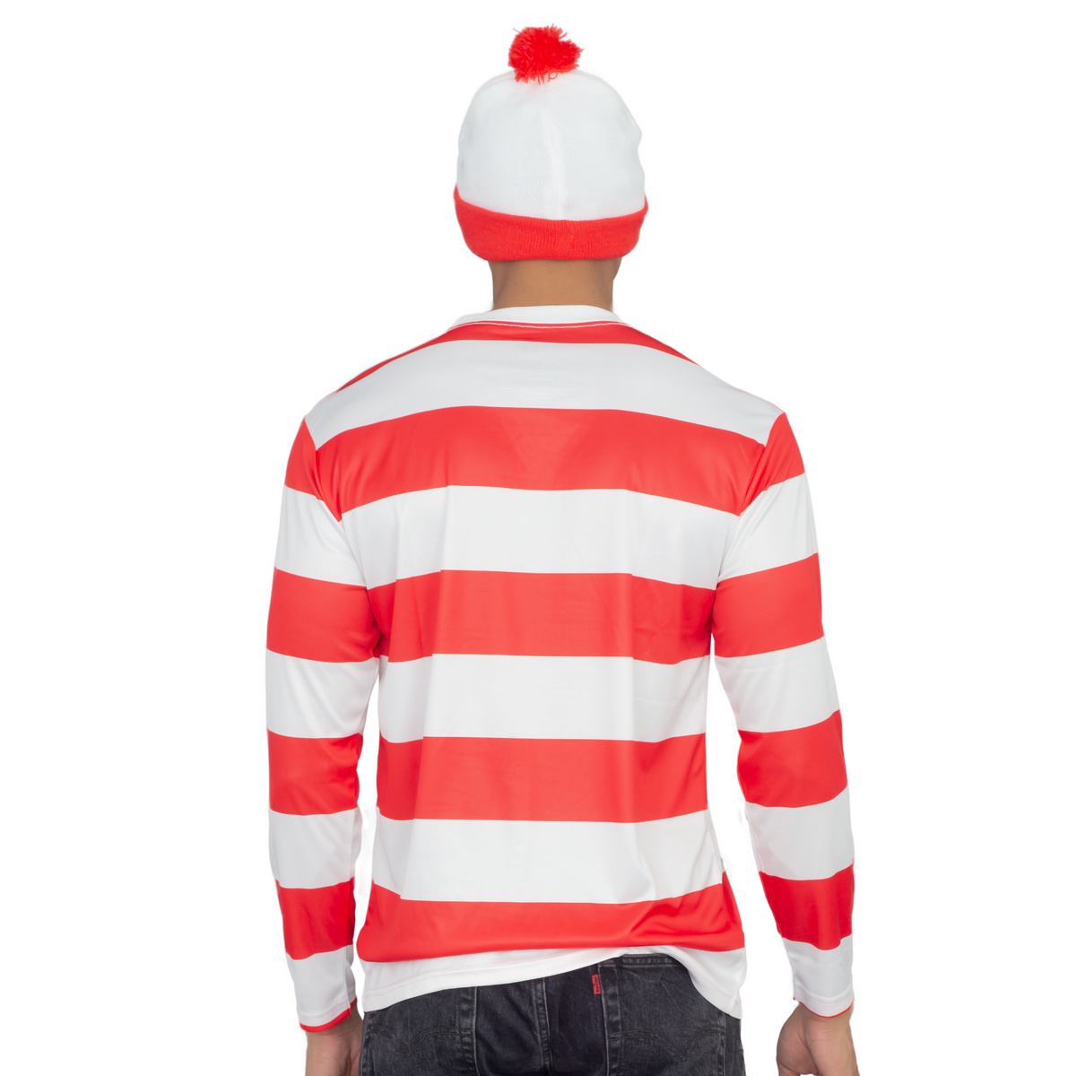 Back view of the striped long sleeve costume shirt and pom-pom hat
